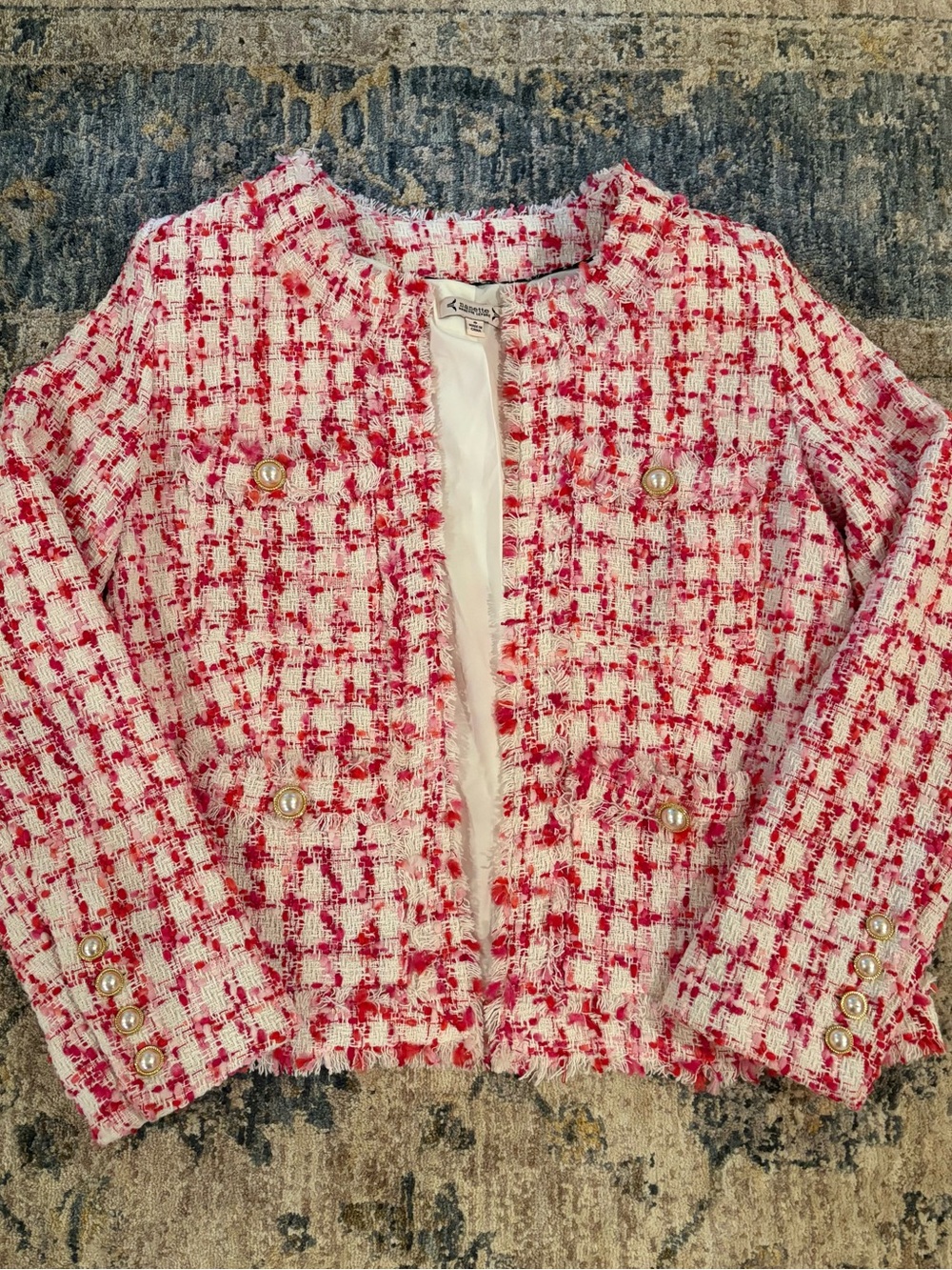 Nanette Lepore Pink Red Tweed Open Front Blazer Pearl Buttons SZ 8